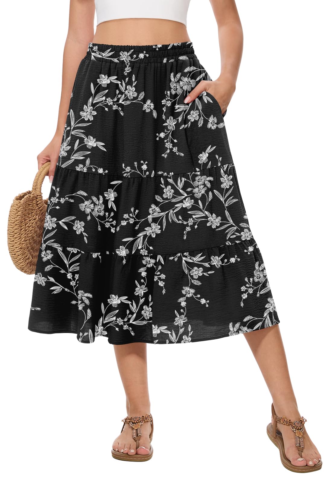 Women's Summer Midi Tiered Flowy High Waist A-Line Casual Skirts