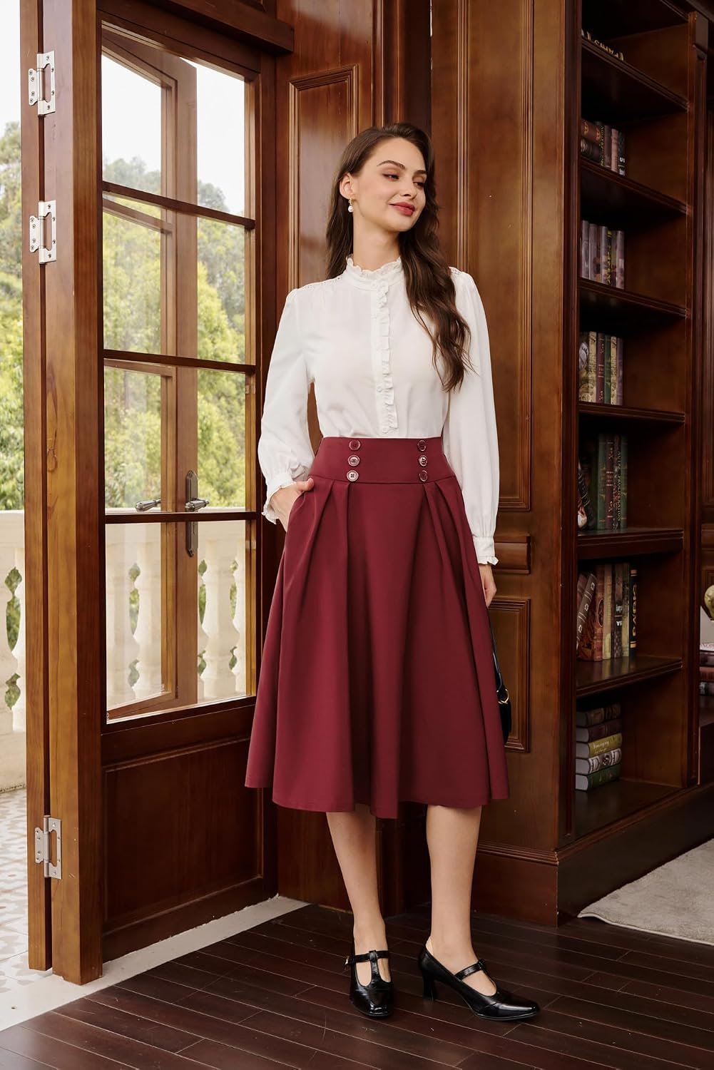 Belle Poque Women's Midi Pleated A-Line Skirts Pockets
