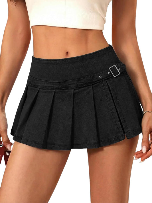 EMMIOL Denim Mini Skirt for Women - Mid Waisted Stretch Side Zipper Skort Y2k Casual Jean Skirts with Shorts Underneath