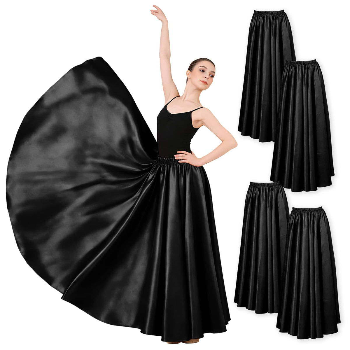 4PCS Satin Dance Skirt for Women Ankle Length Full Circle Women Maxi Shiny Skirt for Flamenco Belly Dance Party