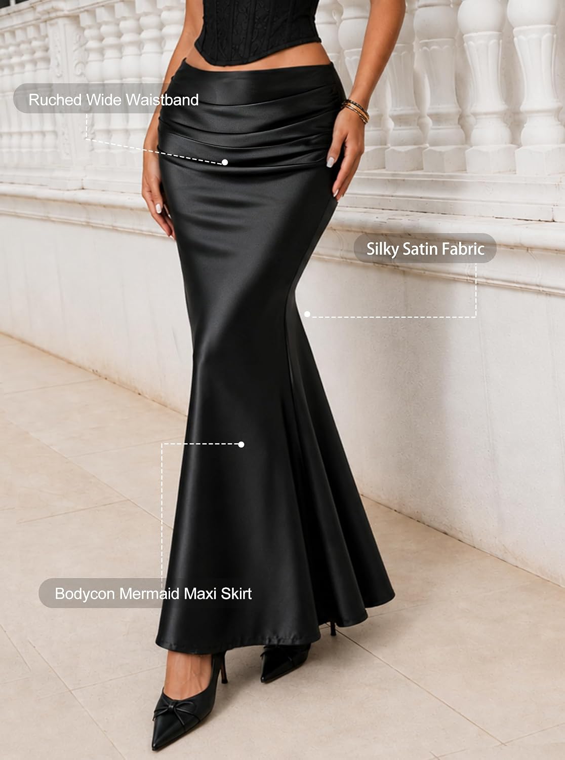Avanova Women Satin Mermaid Maxi Skirt Ruched Waist with Side Zipper