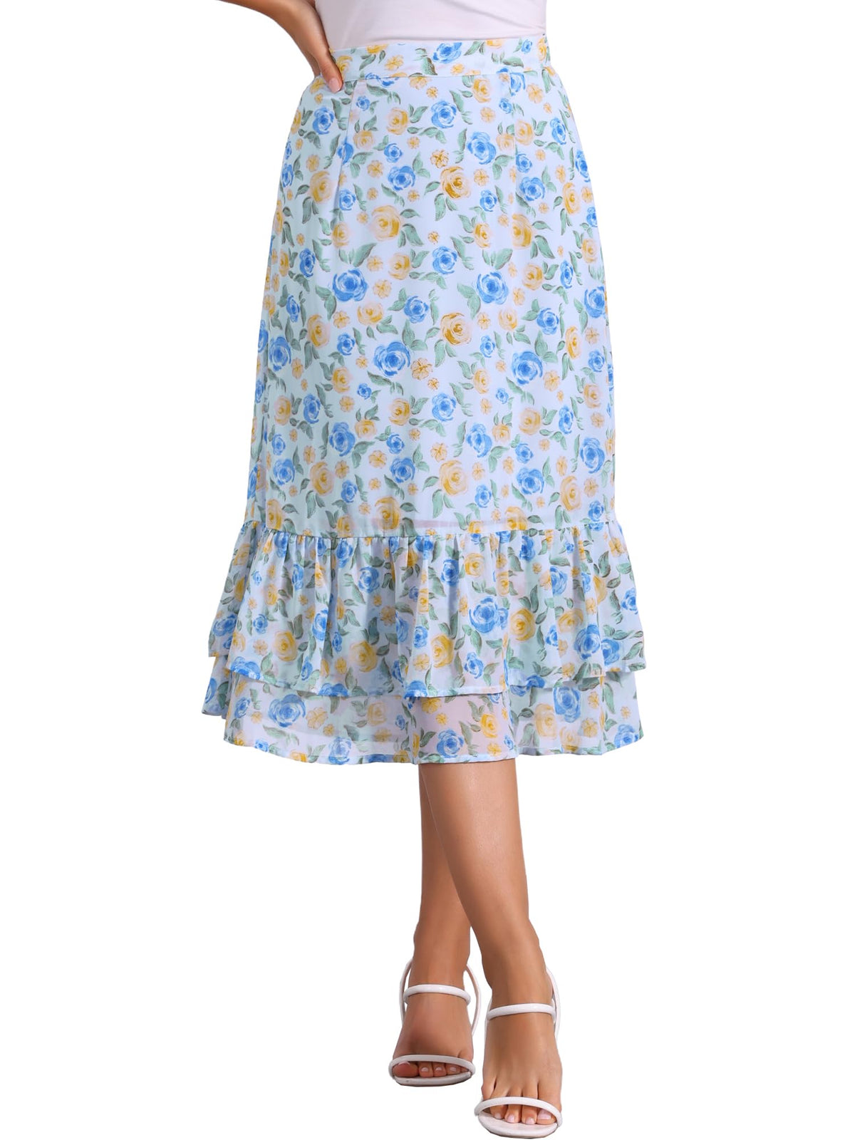 Allegra K Women's Printed Skirt Chiffon Ruffle Tiered Flowy Midi Skirts