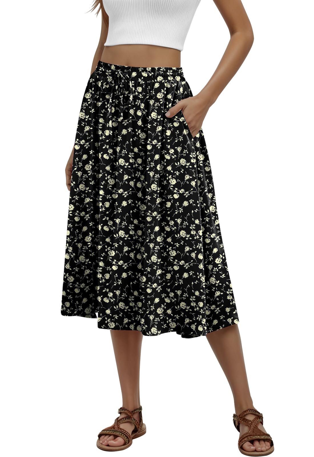 MLXSJ Women's Midi Skirt Summer Pleated Flowy Skirts with Pockets S-3XL