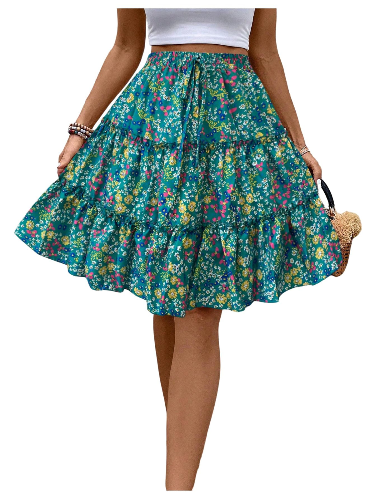 Verdusa Women's Boho Floral Tiered Ruffle Skirts Flowy Flared Summer Knee Length Midi Skirt