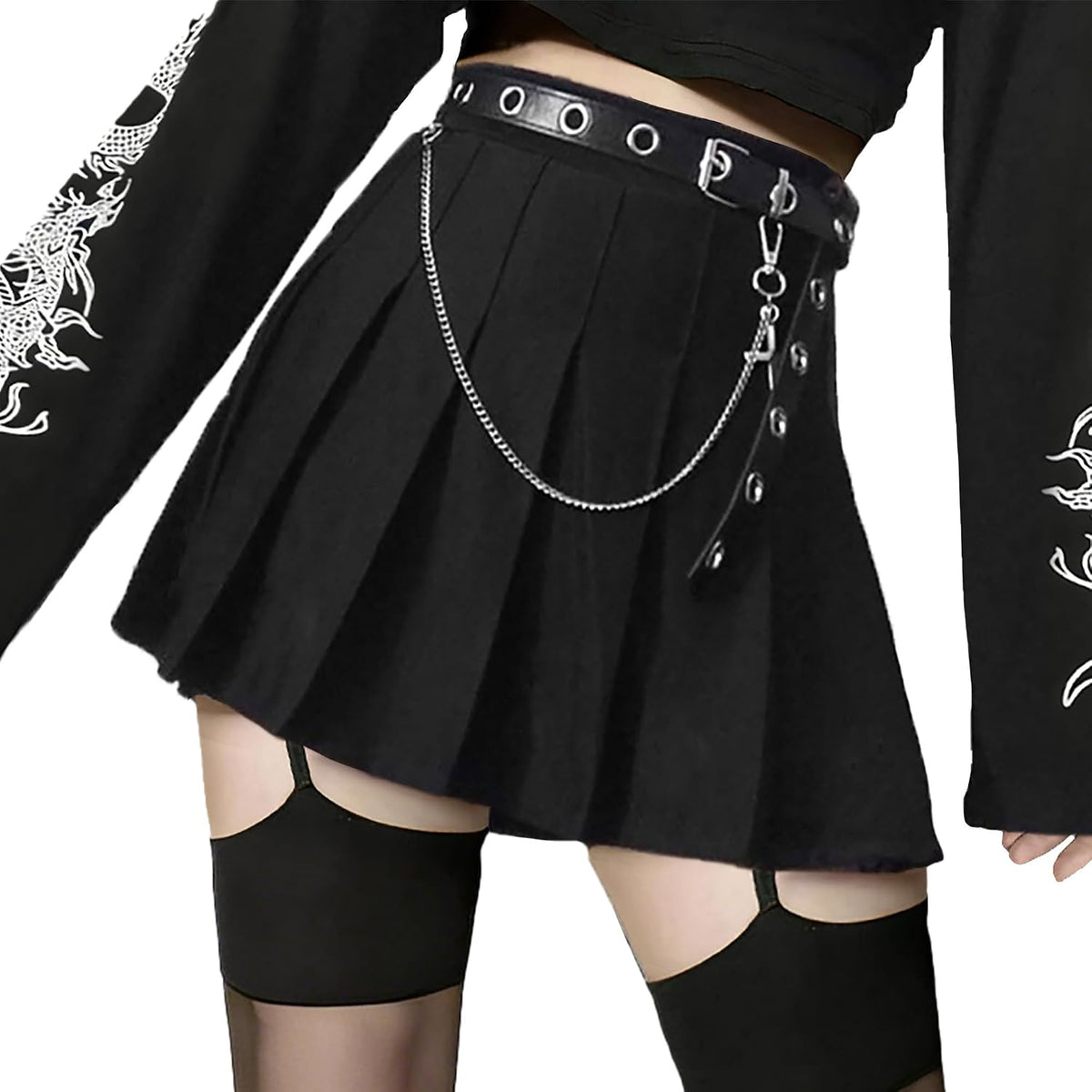 AULKEEP Pleated Mini Skirt Goth High Waist Skort with Belt