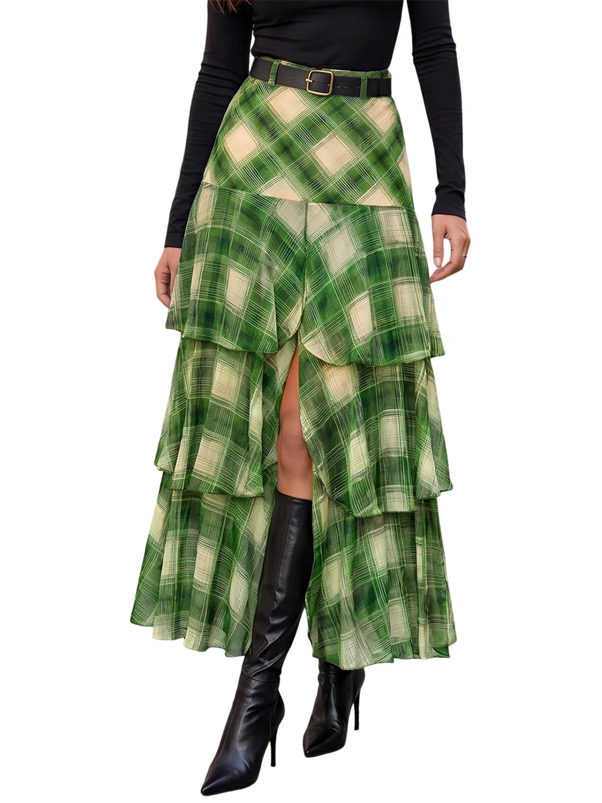 Wenrine Womens Mesh Maxi Skirt Polka Dot Front Split Tiered Plaid Skirts