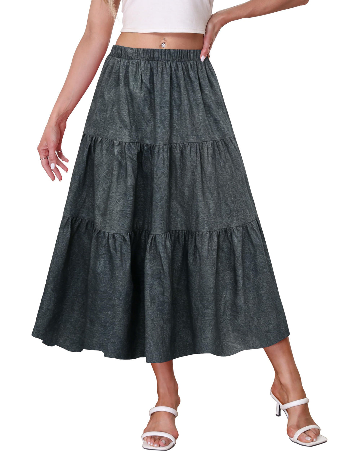 Kingfancy Women's Boho Midi Skirt A-Line Flowy Skirts
