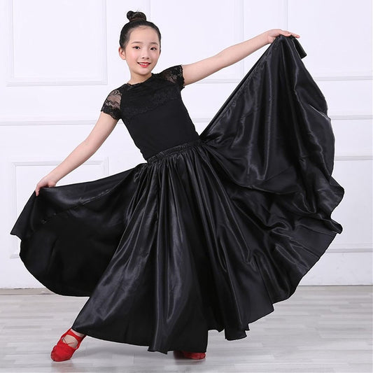 Girls Satin Full Circle Ankle Length Swing Long Skirt Belly Dance Performance Costume for School Children 8-12 Years