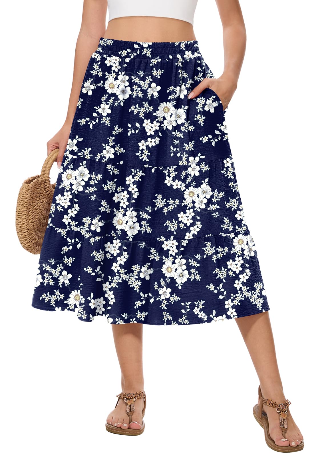 Women's Summer Midi Tiered Flowy High Waist A-Line Casual Skirts