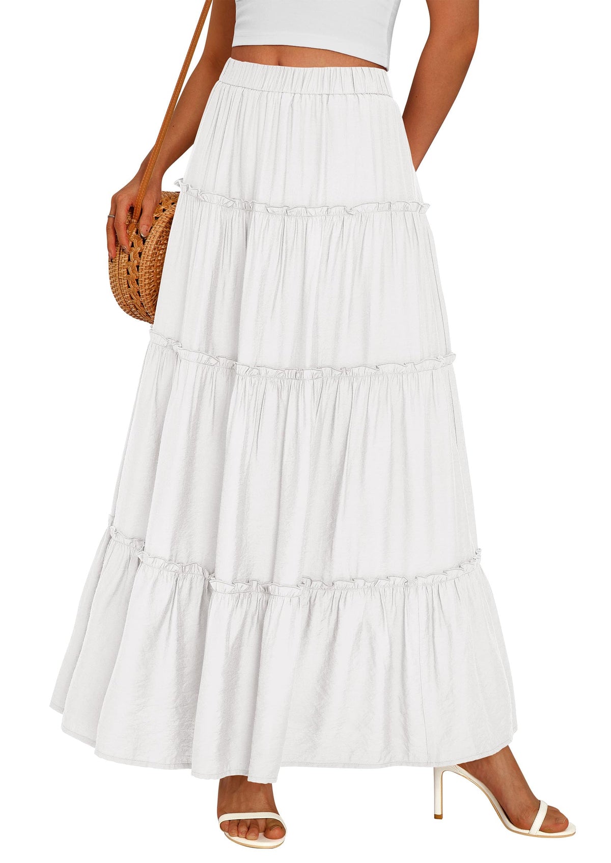 PRETTYGARDEN Women's Boho Tiered Ruffle Flowy Maxi Skirt