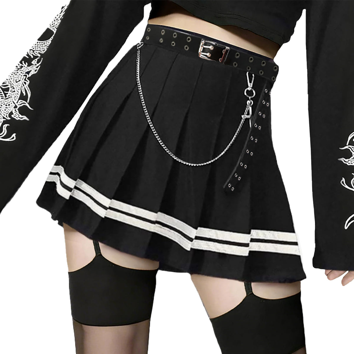 AULKEEP Pleated Mini Skirt Goth High Waist Skort with Belt
