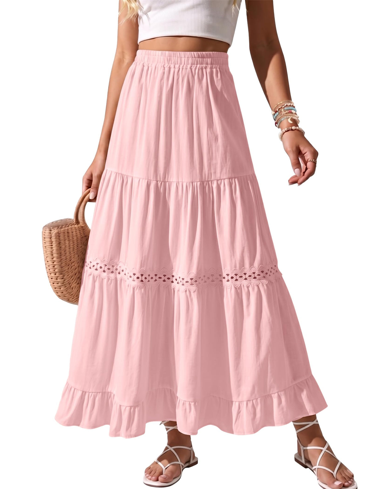 Womens Long Maxi Cotton Summer Boho Tiered A Line Skirts