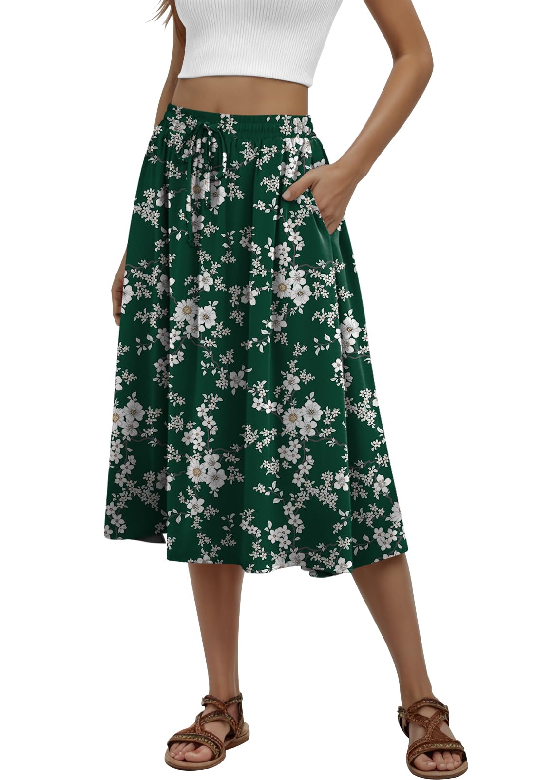 MLXSJ Women's Midi Skirt Summer Pleated Flowy Skirts with Pockets S-3XL