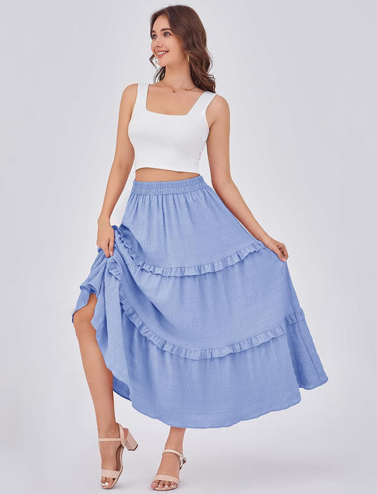 Gracyoga Maxi Skirts for Women Casual Elegant High Waisted A Line Flowy Ruffle Tiered Long Skirt with Pockets