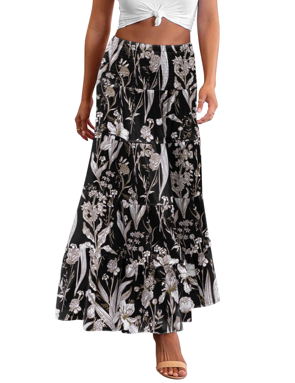 Zeagoo Women's Long Maxi Skirts Tiered Elastic High Waist Boho Double Layered Print A-Line Casual Midi Dress