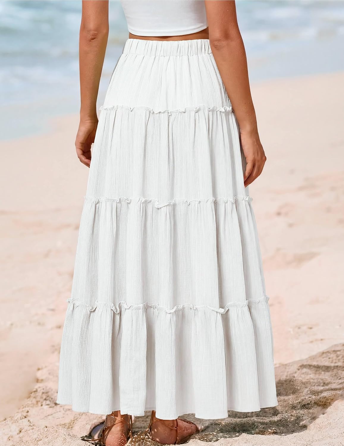 DERAX Womens Boho Maxi Skirt Flowy Ruffle Tiered High Waisted Long Skirts