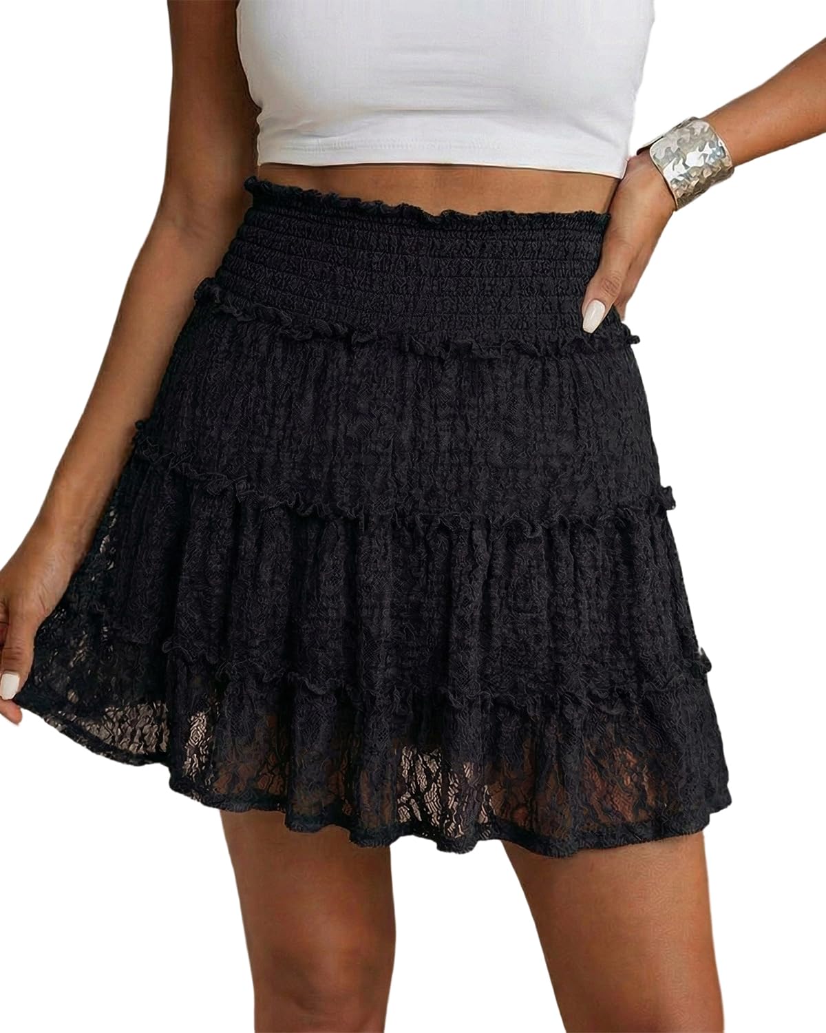 Womens Lace Mini Skirt Skort High Waisted Flowy Skirts with Shorts