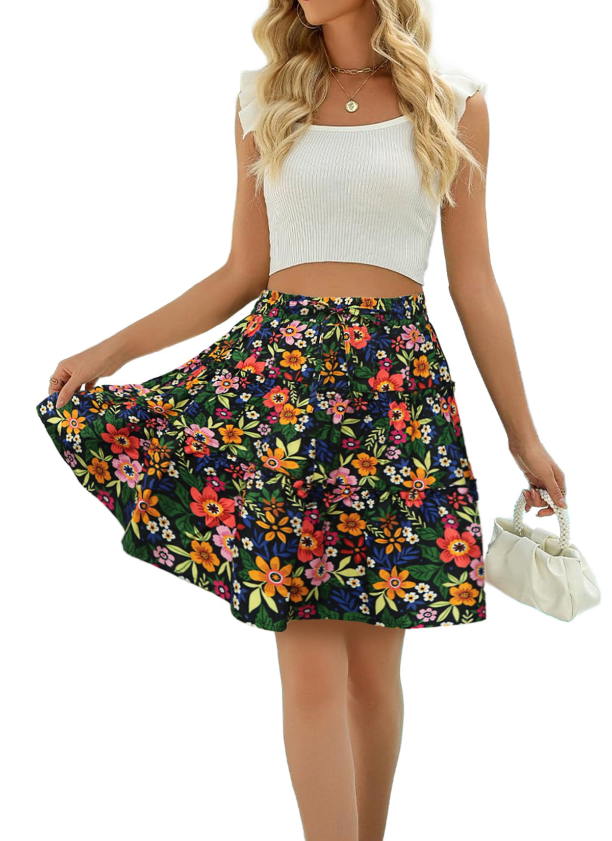 Women Summer A Line Skirt Flared Mini Elastic Waist Boho Beach Skirts