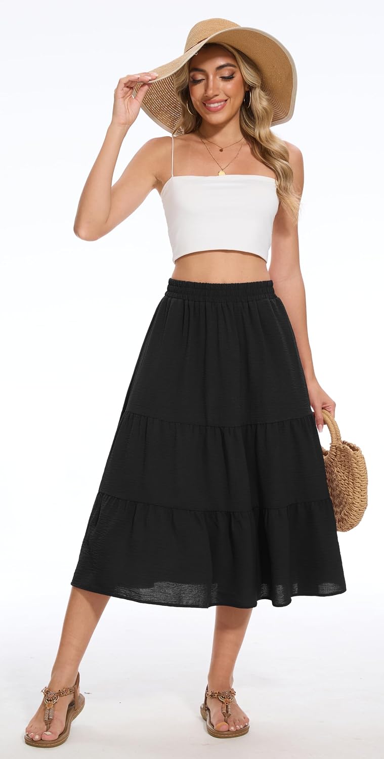 Women's Summer Midi Tiered Flowy High Waist A-Line Casual Skirts