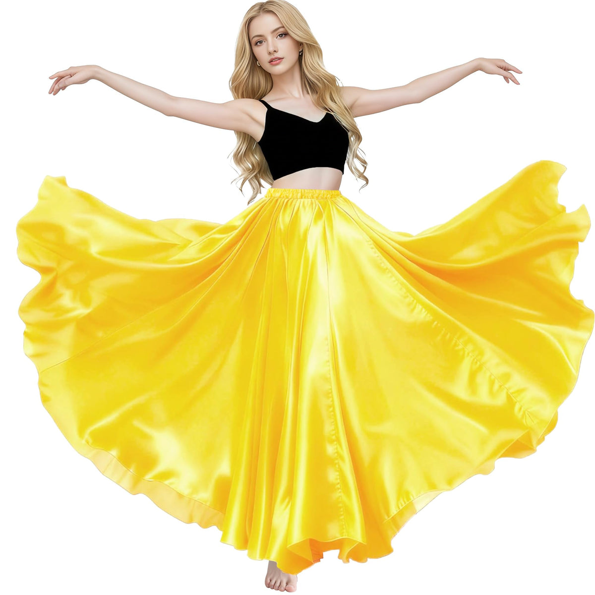 MUNAFIE Women's Maxi Satin Skirt, Long Flowy Belly Dance Skirt for Praise Dance, Fairy Costume, Elastic Waist
