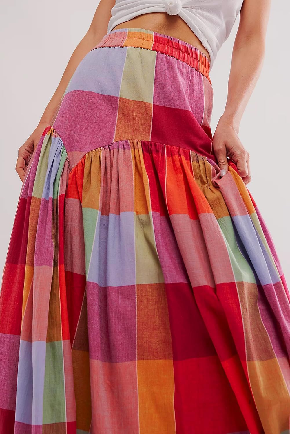 TinyCribz Women's Boho Ruched Plaid High Waist Floor Length Maxi Skirt