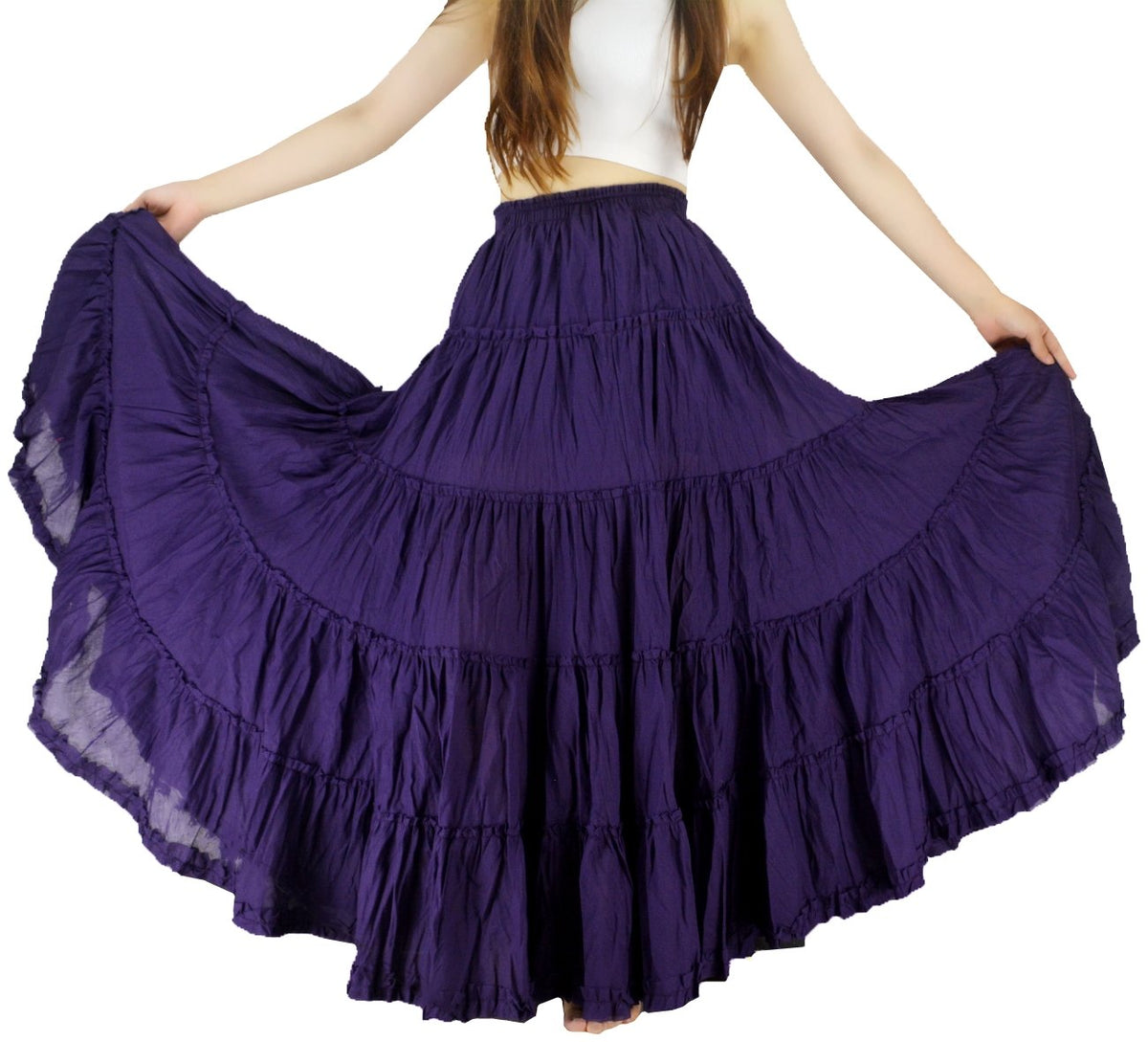 Women's Maxi Skirt Boho Pleated Cotton 5 Tiered Long A-Line Dance Skirts