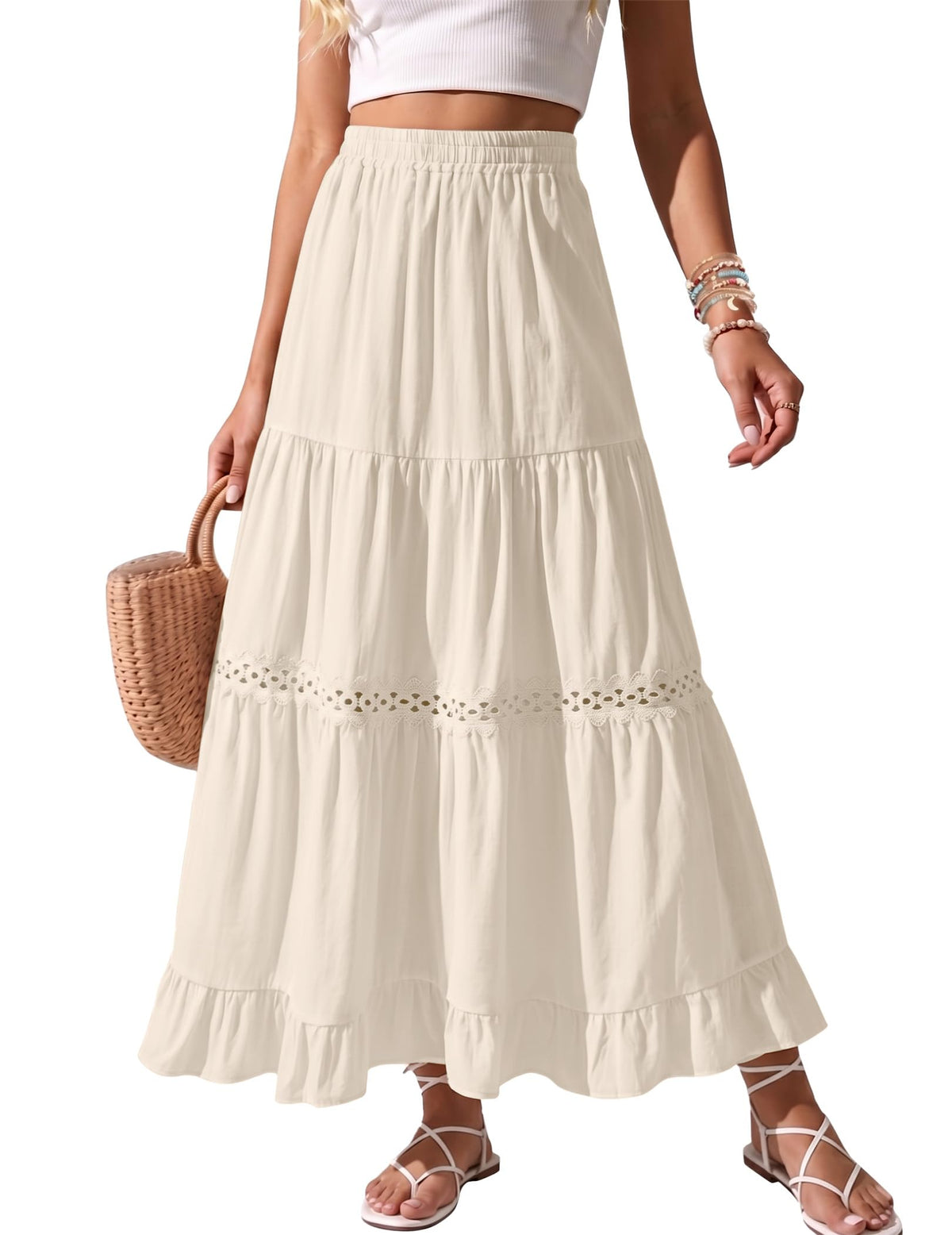 Womens Long Maxi Cotton Summer Boho Tiered A Line Skirts
