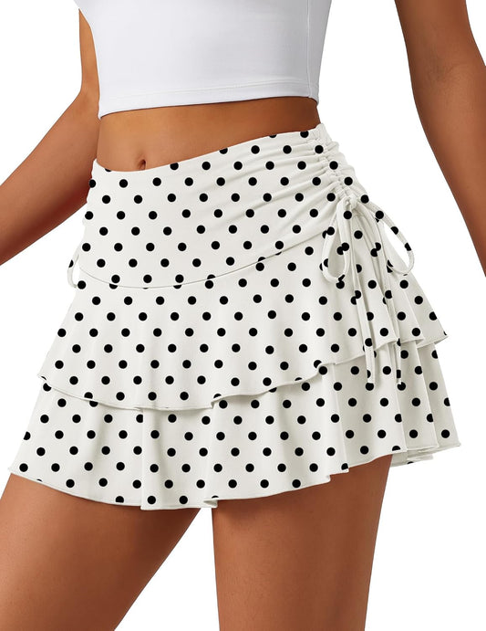 Women's Y2k Mini Ruffle Skirts with Shorts Tiered Layers Summer Cute Flowy A Line Drawstring Waist Short Skirt