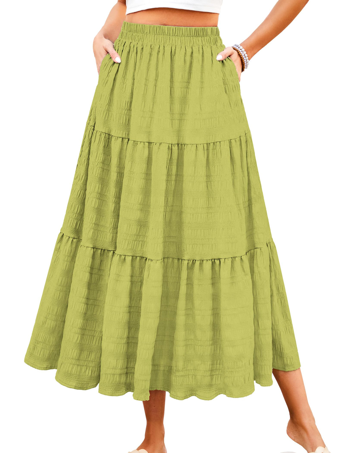 HUSKARY Women's Summer Casual Elegant Smock Layered Tiered Maxi Skirt High Waisted A Line Flowy Long Skirts with Pockets