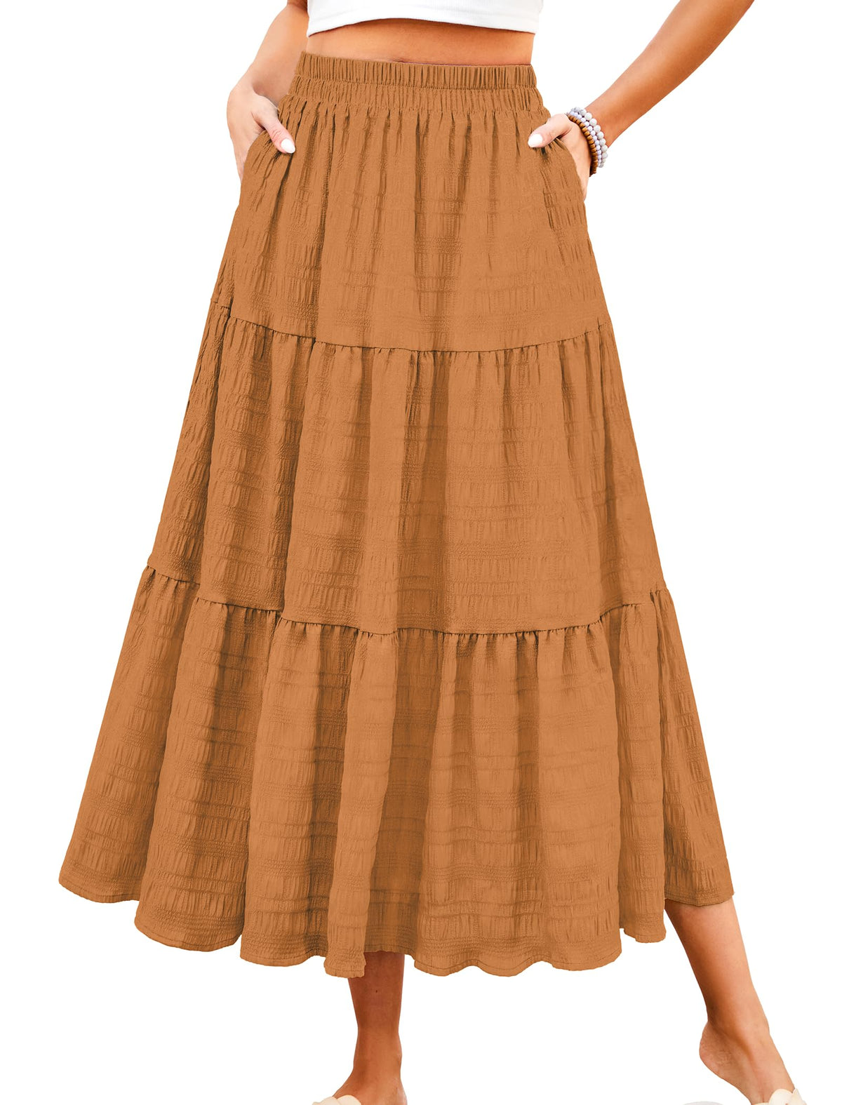 HUSKARY Women's Summer Casual Elegant Smock Layered Tiered Maxi Skirt High Waisted A Line Flowy Long Skirts with Pockets