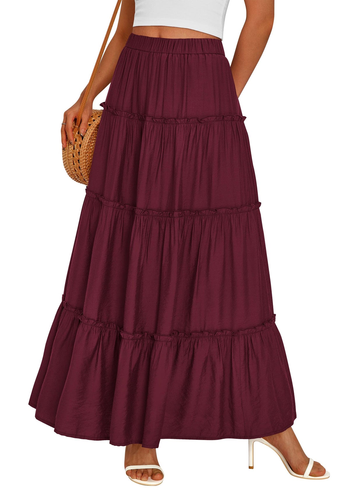 PRETTYGARDEN Women's Boho Tiered Ruffle Flowy Maxi Skirt