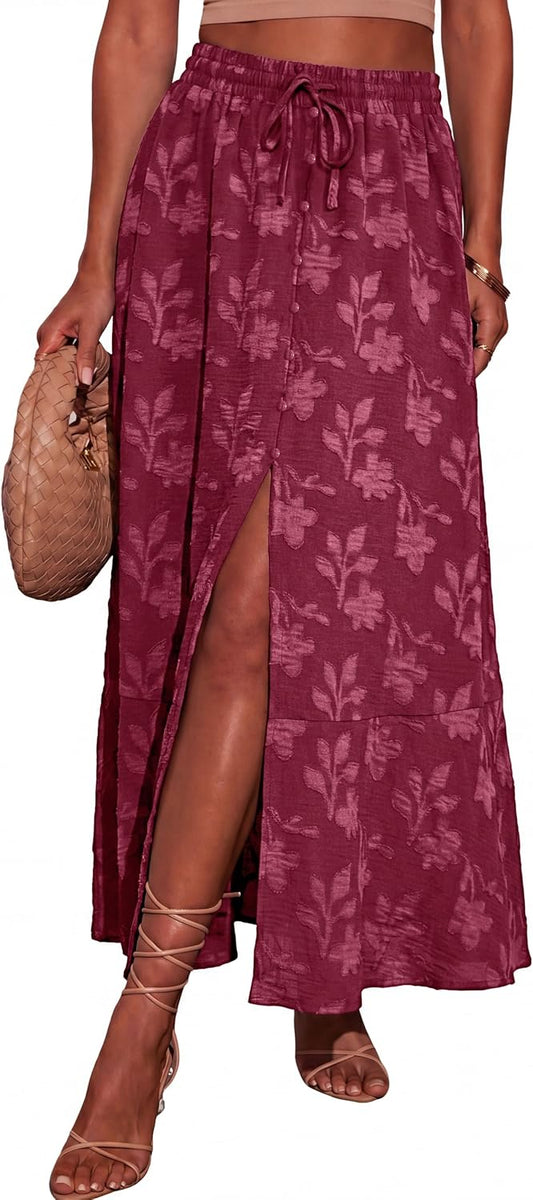 Simplee Women Summer Boho Maxi Skirts Floral High Waisted Slit Front Flowy Beach Long Skirt with Pockets