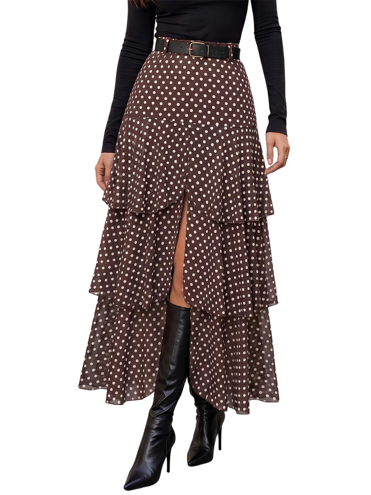 Wenrine Womens Mesh Maxi Skirt Polka Dot Front Split Tiered Plaid Skirts