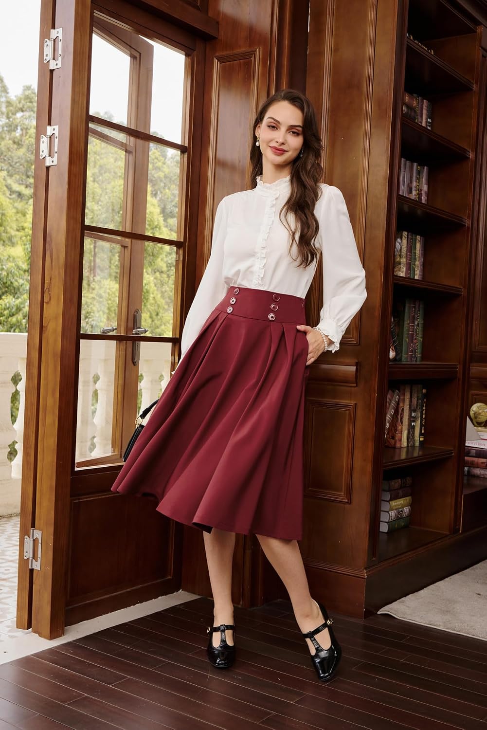 Belle Poque Women's Midi Pleated A-Line Skirts Pockets