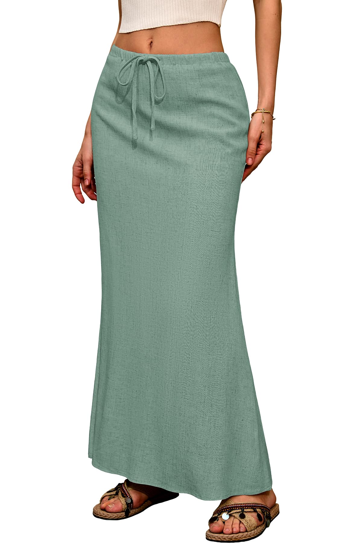 ELLEVEN Linen Flared Maxi Skirt, Boho Flowy Ankle-Length Skirts for Women