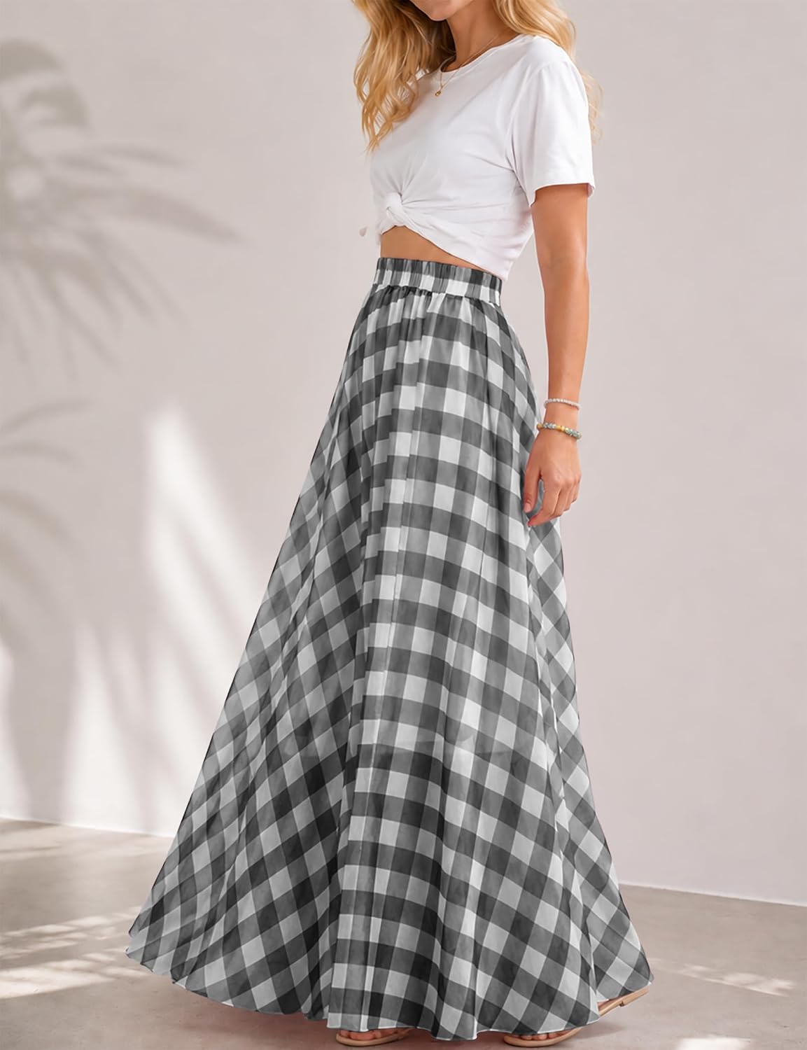 Women Vintage Checkered Plaid Maxi Skirt High Waisted Flowy A Line Casual Long Skirt