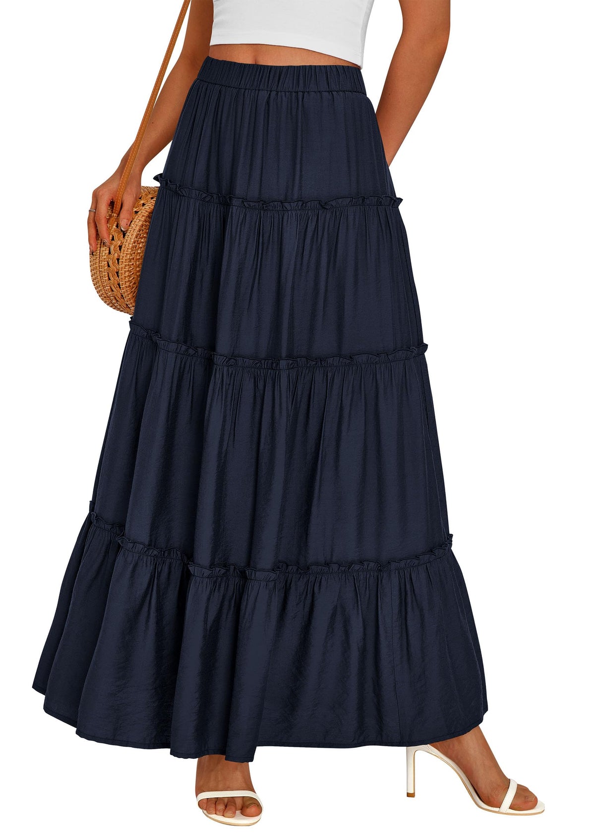 PRETTYGARDEN Women's Boho Tiered Ruffle Flowy Maxi Skirt