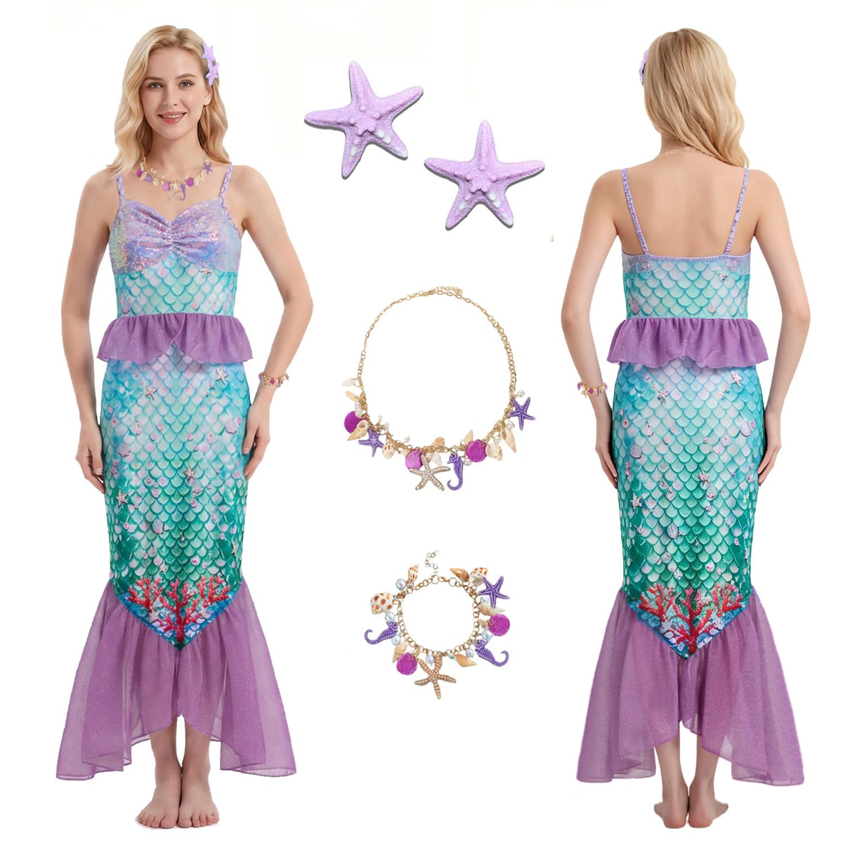 5PCS Mermaid Costume for Women Include Mermaid Dress Shell Necklace Bracelet Starfish Hairclip for Party Halloween