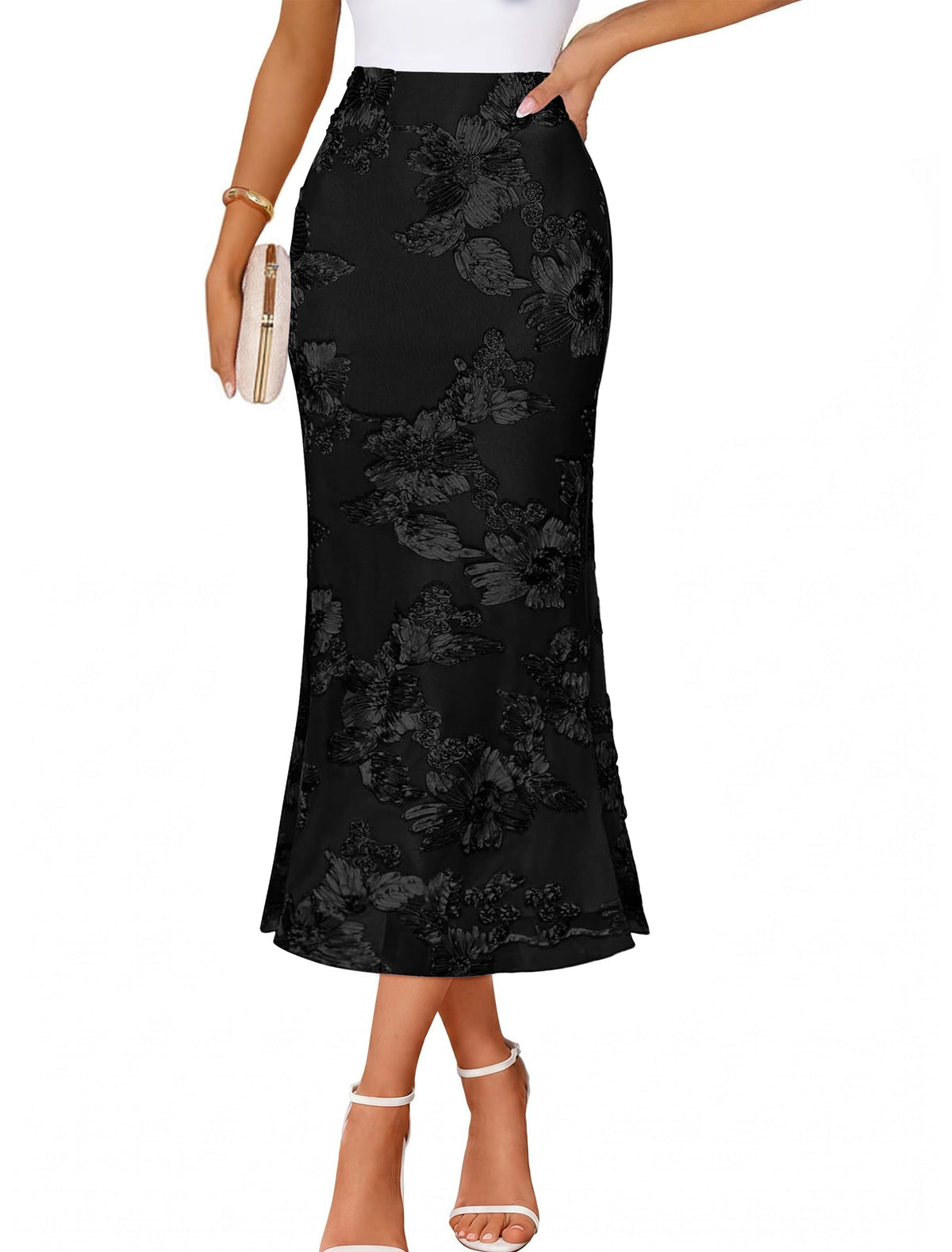 IWD Womens Floral Mesh Midi Skirt High Waisted Bodycon Mermaid Long Skirts