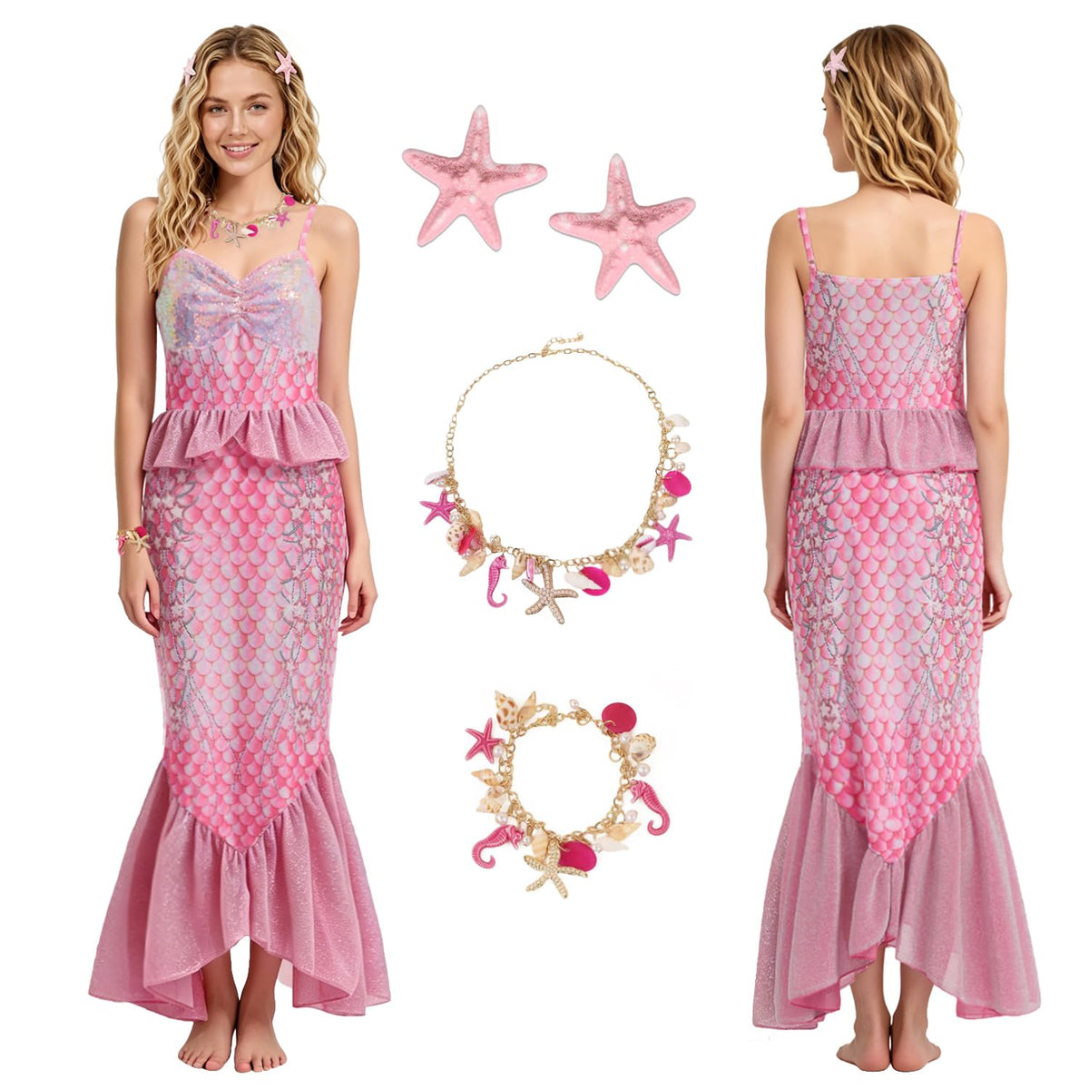 5PCS Mermaid Costume for Women Include Mermaid Dress Shell Necklace Bracelet Starfish Hairclip for Party Halloween