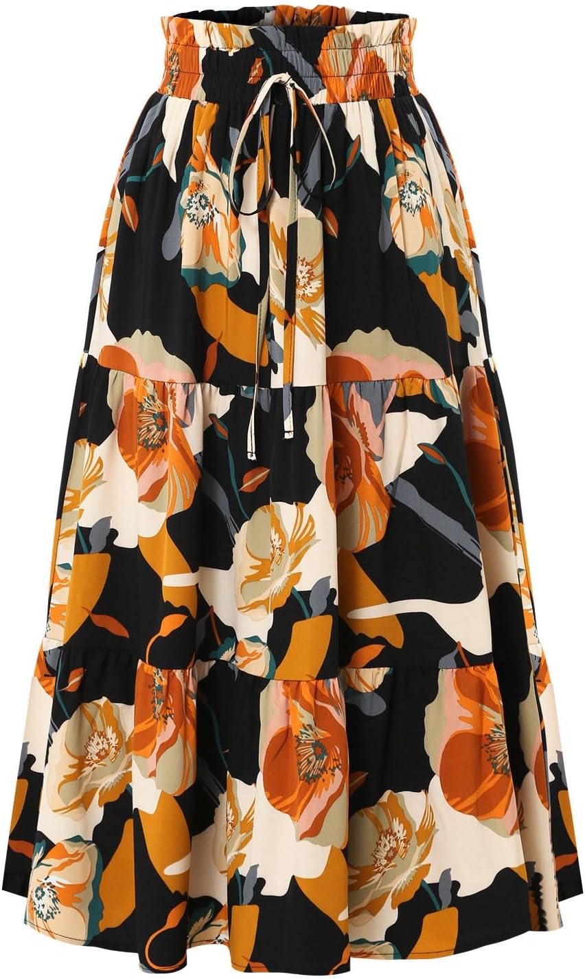 Boho Long Skirts for Women Summer Flowy Pleated A Line Floral Maxi Skirt Y2k Comfy Tiered Elastic High Waisted Skirts