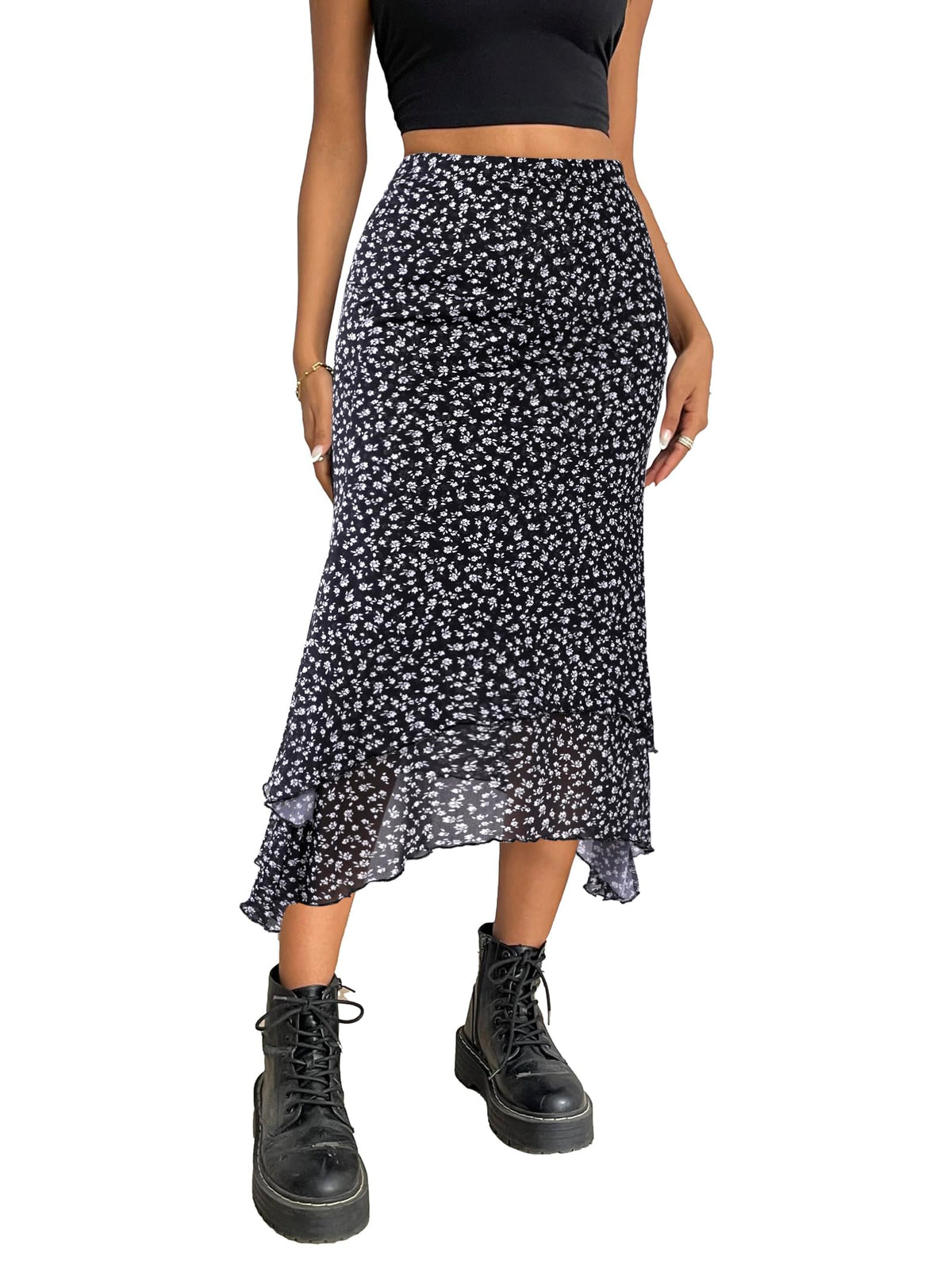 Avanova Women Mesh Asymmetrical Mermaid Midi Skirt High Waist Fishtail Long Skirt