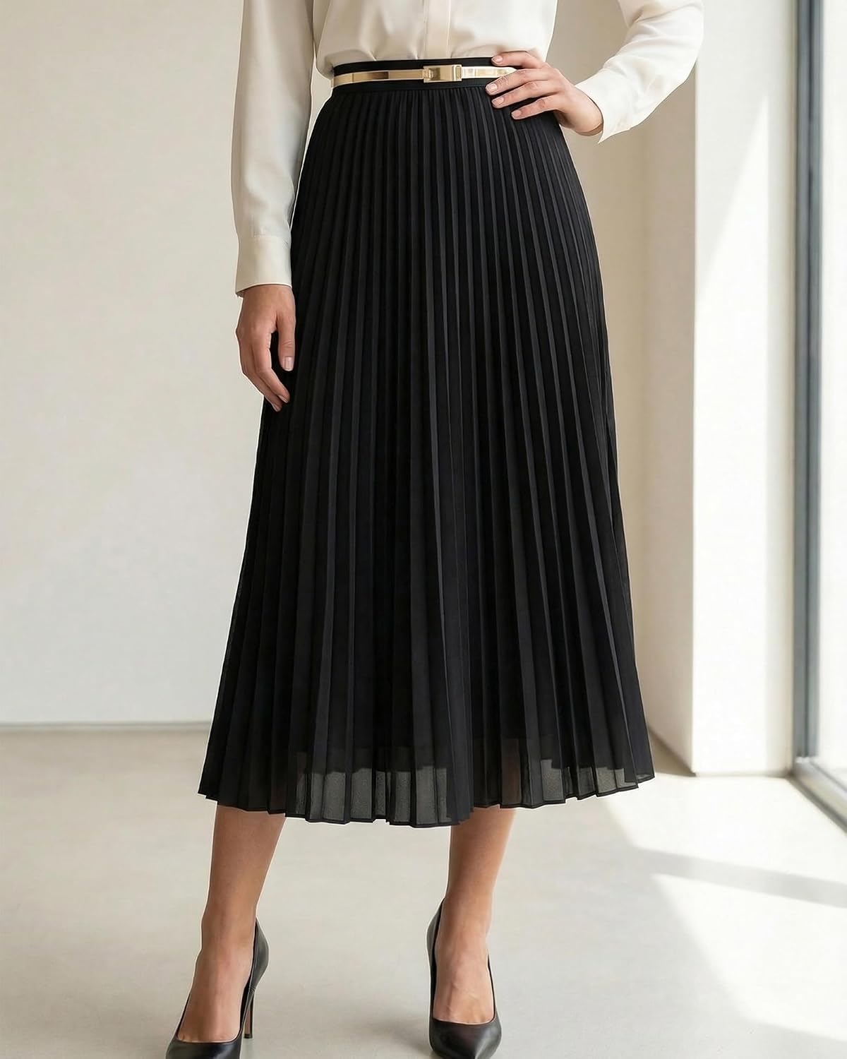 Shestellar Pleated Midi Skirt for Women Outfits Chiffon A-Line