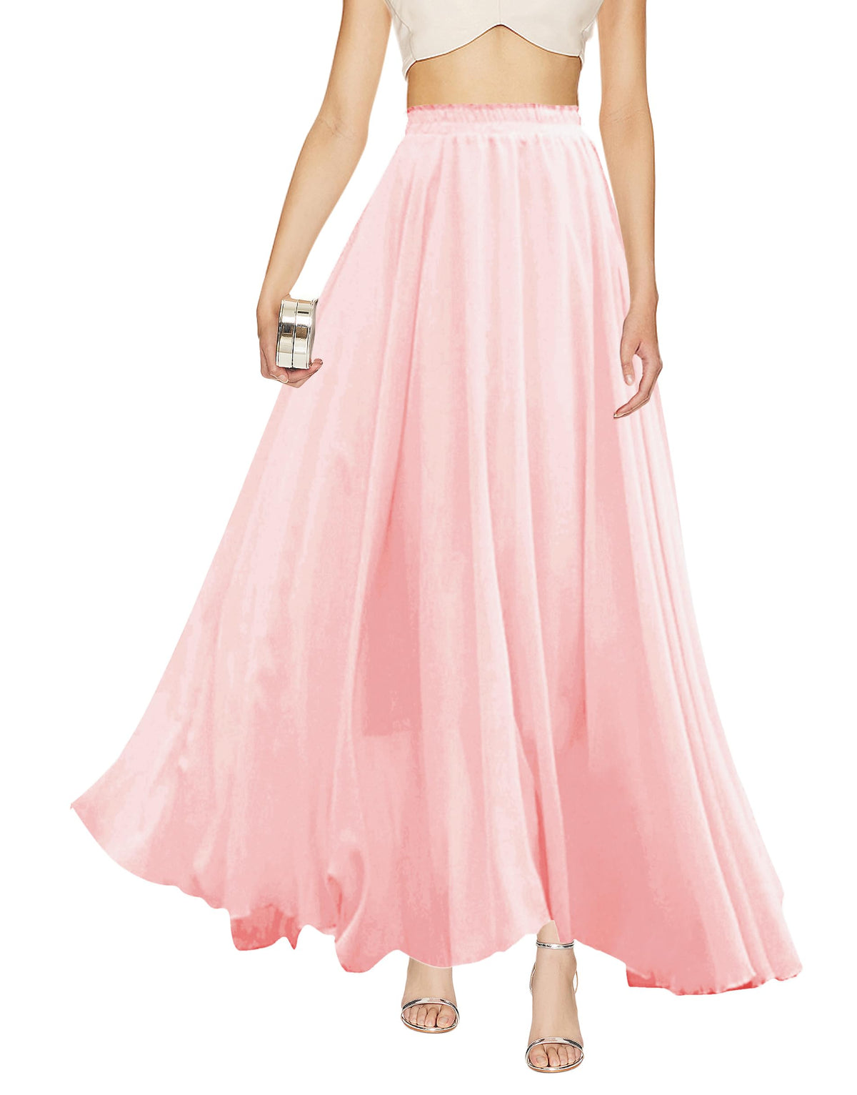 v28 Women Full/Ankle Length Elastic Pleated Retro Maxi Chiffon Long Skirt