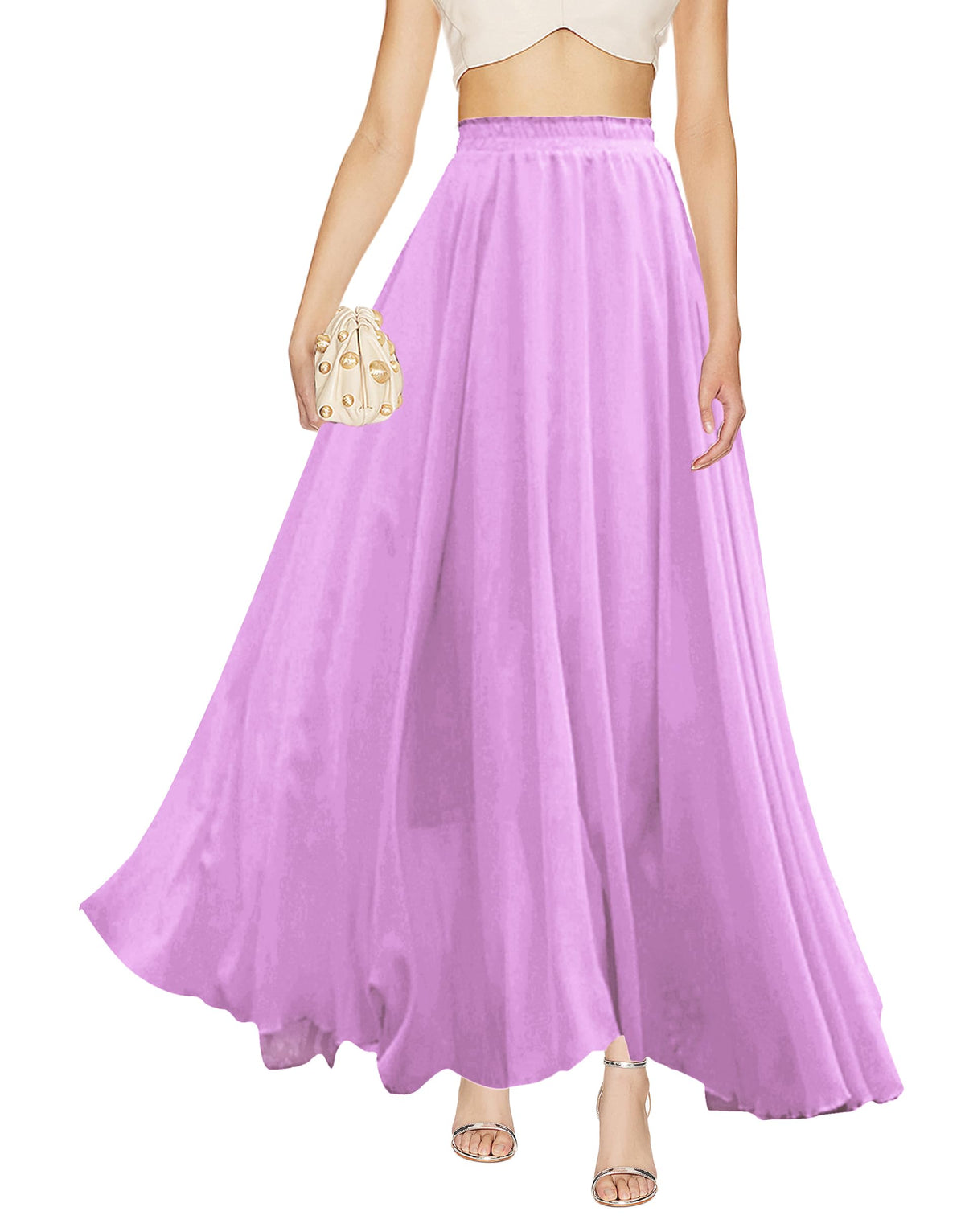 v28 Women Full/Ankle Length Elastic Pleated Retro Maxi Chiffon Long Skirt