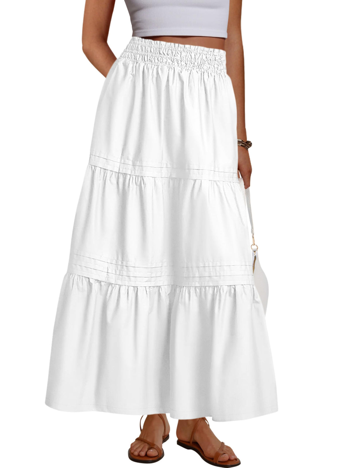 MASCOMODA Casual Long Skirts for Women Boho Swing A Line High Waisted Tiered Flowy Maxi Skirt with Pockets Beach Summer 2026