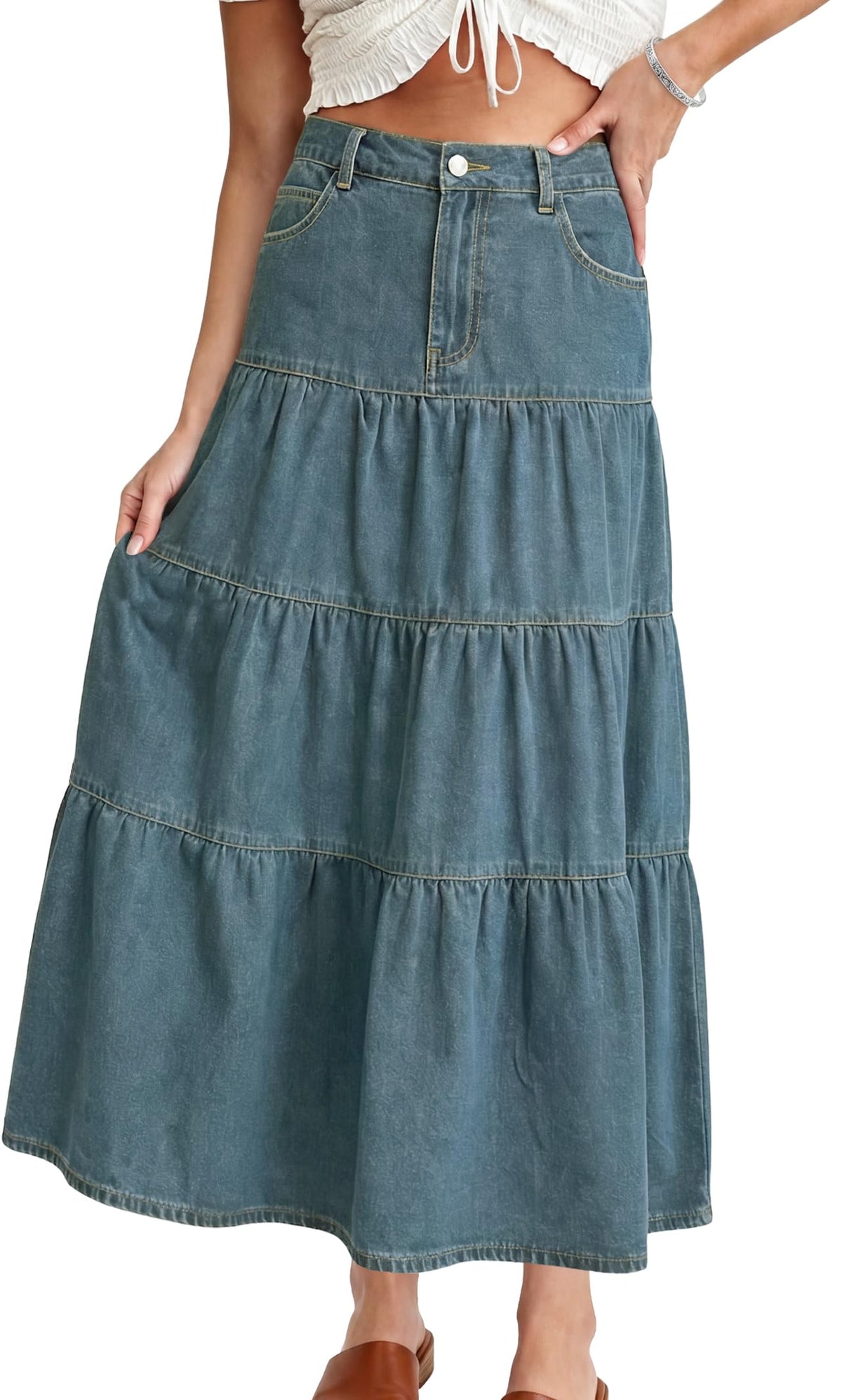Womens Long Denim Skirt Tiered High Elastic Waist Jean Maxi Skirts