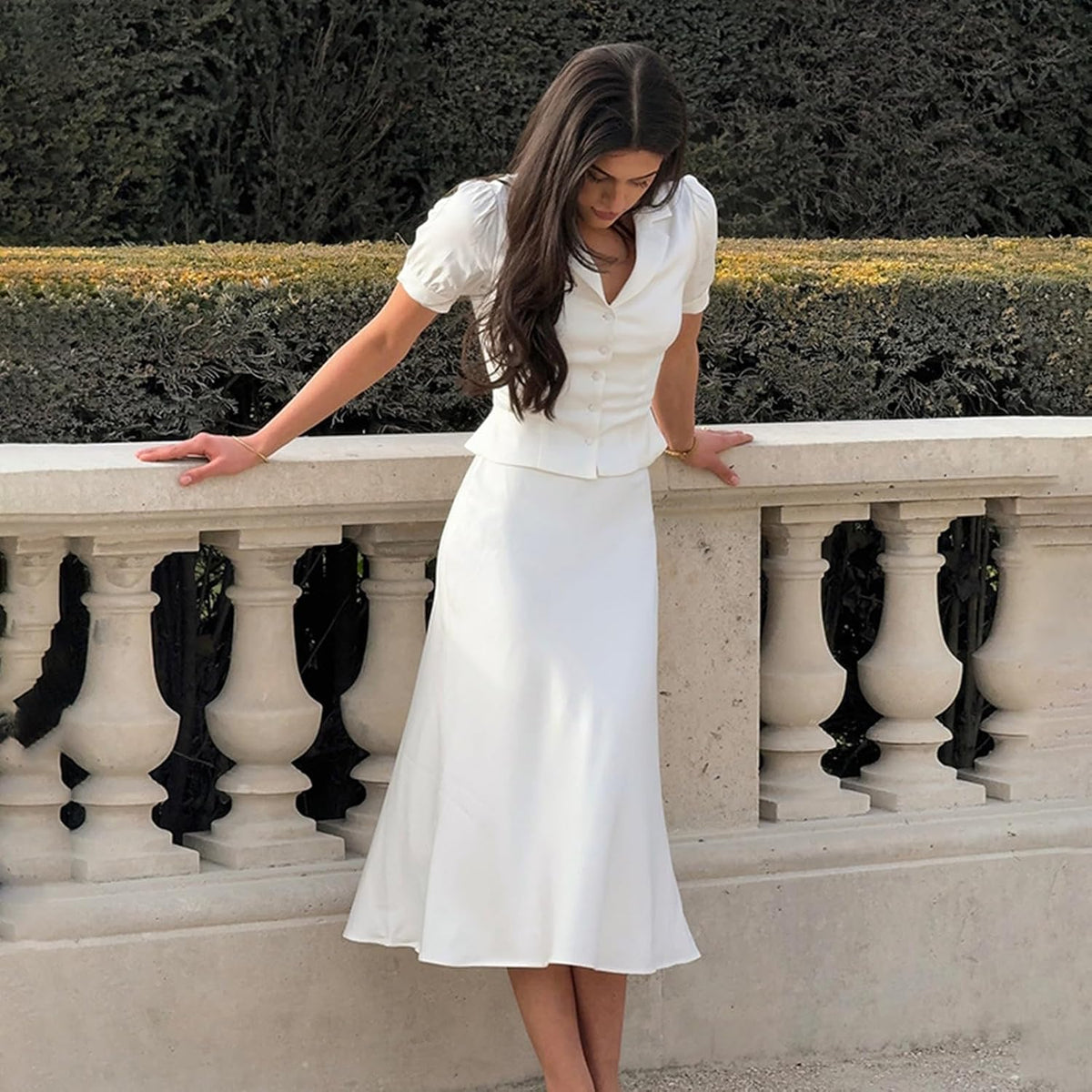 Wuitrie Women's Elegant Workwear 2 Piece Outfit V-Neck Puff Sleeve Blouse and High Waist Midi Mermaid Skirt Solid French Set