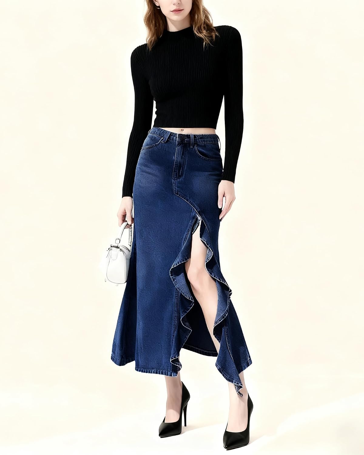 utcoco Women's Sexy Slit Denim Skirt Elegant Ruffle Fishtail Skirt Stretch High Waist Jean Skirts