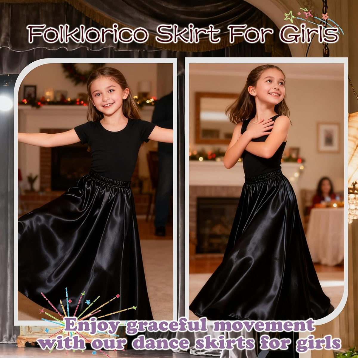 4PCS Ankle Length Satin Full Circle Skirt for Girls, Perfect for Belly Dance and Flamenco, Elegant Swing Dance Attire